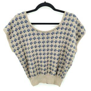 VTG 1980s Christian Dior 100% Cotton Short Sleeve Scoop Neck Sweater L Tan/Blue